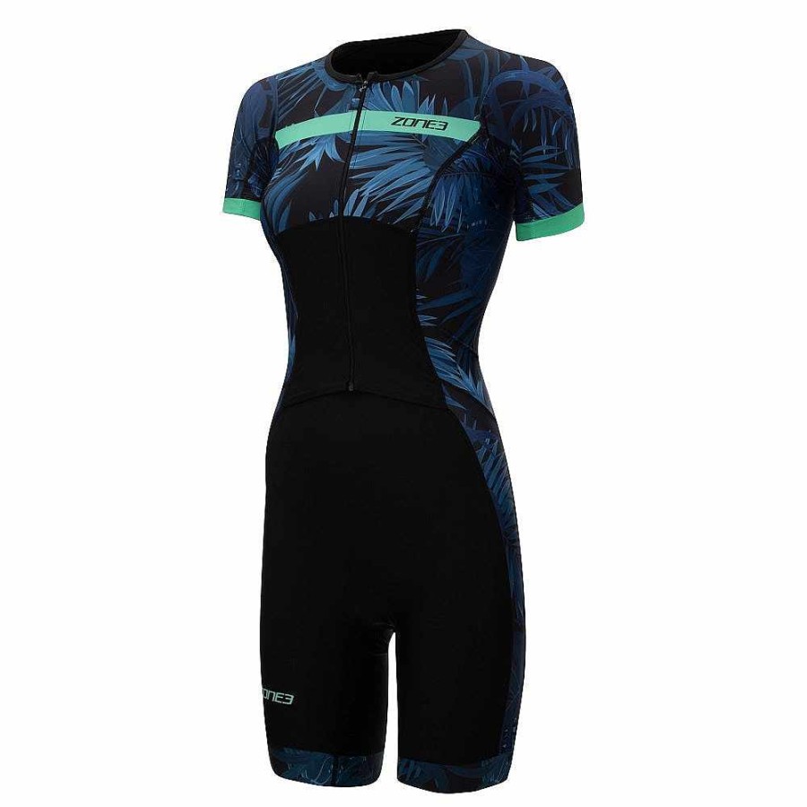 Women Zone3 Tri Suits | Activate+ Short Sleeve Full Zip Trisuit Tropical Palm